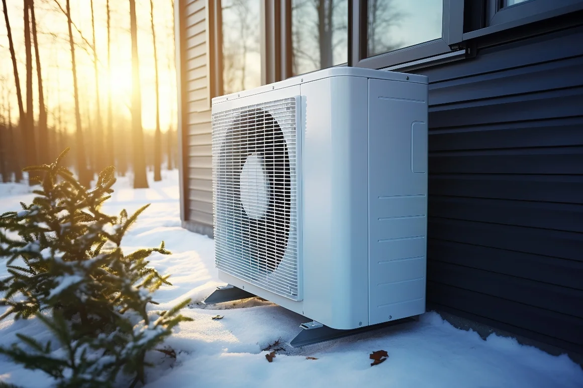 Wärmepumpe im Schnee vor Hauswand